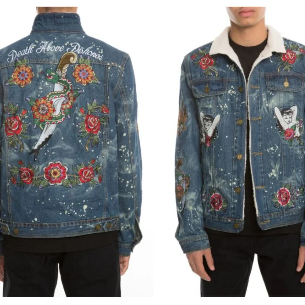 Reason Denim Sherpa Trucker Jacket Death Before Dishonor Embroidered Tattoo sz L